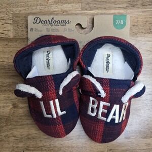 Dearfoams Lil Bear Slippers Toddler 7/8 Red Navy Buffalo Plaid Memory Foam NEW